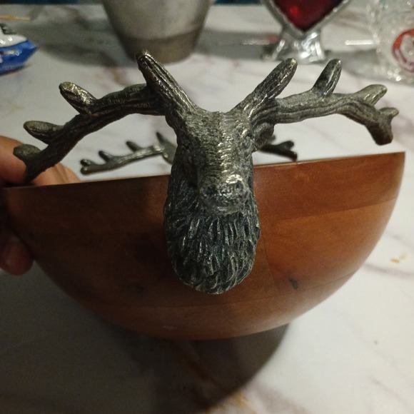 Rustic  Pewter Stag Head Handles Wooden Salad Bowl Western Hunting decor - Picture 11 of 15